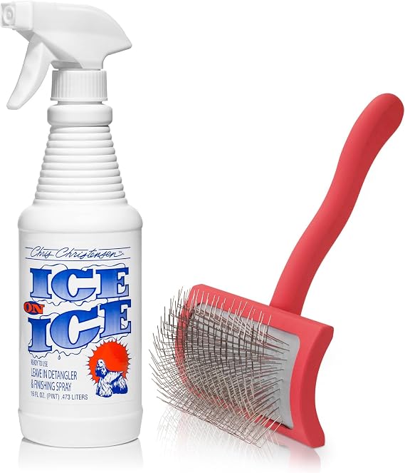 Chris Christensen Dog Brush Bundle: Ice on Ice Detangler & Finishing Spray for Elasticity & Strength + Big G Medium Slicker Brush for Fluffing and Detangling