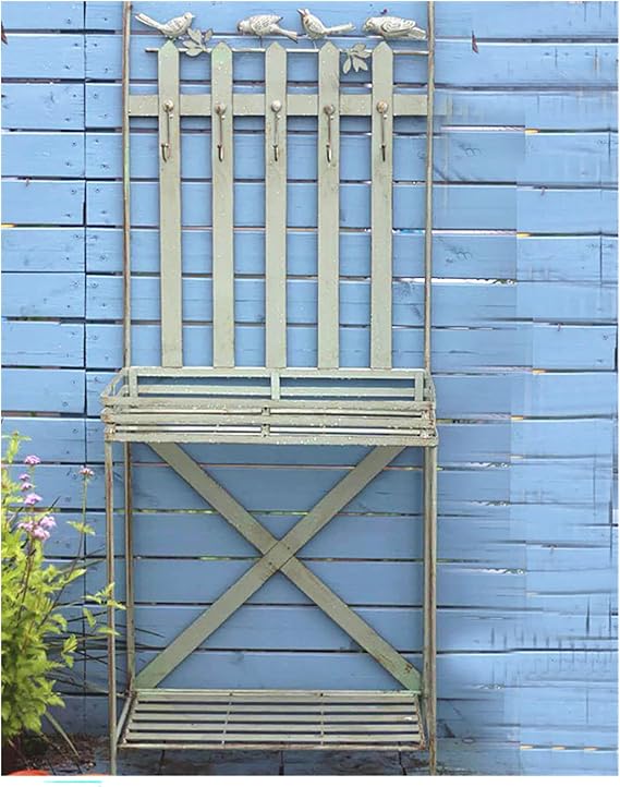 Garden Potting Bench Table Work Station for Outdoors with 5 Side Hooks All-Weather Retro Plant Stand Rack Metal Frame for Porch No Rust No Fade