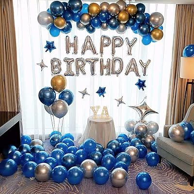 Birthday Party Decorations kit,83pcs HAPPY BIRTHDAY Banners and Latex Balloons Garland & Arch Kit,Blue&Silver&Golden Metallic Balloons Foil Stars Party supplies