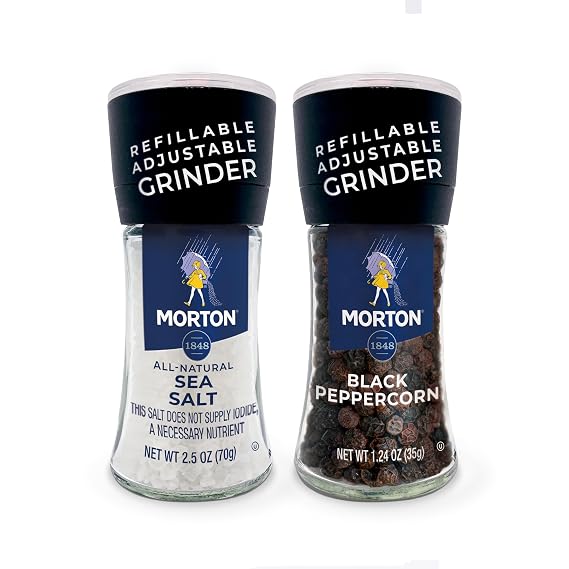 Morton Salt and Pepper Grinder Set, Sea Salt & Black Peppercorn, 2-Pack