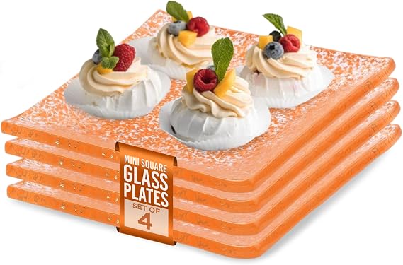 IMPULSE! Splendido Mini Square Glass Plates (Orange) Set of 4- Elegant Functional Plates Perfect for Small Bites, Serving, Mini Desserts, Dips, or Candies- 3.15" W x 3.15" L x .4" H