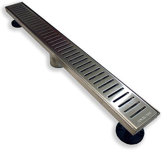 ZA Linear Shower Drain (24 Inch VERTI-LINE Pattern) Sleek and Modern Brushed Stainless Steel, with Hair Strainer, Leveling Feet and Threaded Adapter