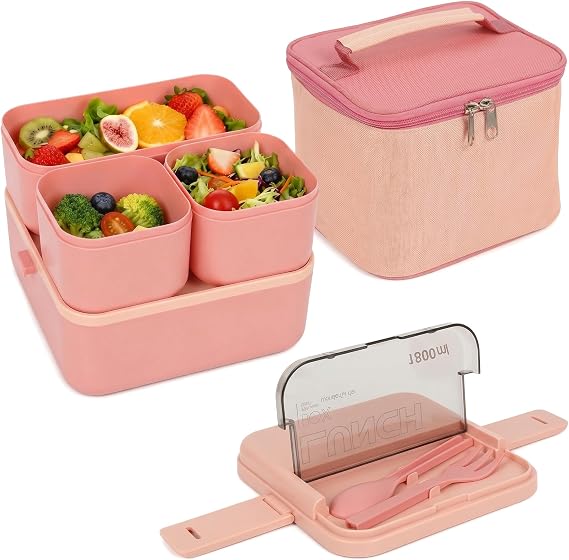 Lunch Box, 1800ML Bento Lunch Box with Insulated Bag & Cutlery(Pink)