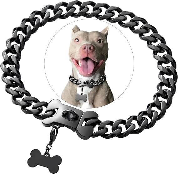 Cuban Black Link Heavy Duty Dog Collar, 10inch-26inch Wide Stainless Steel Luxury Dog ID Name Tag Necklace Personalized Collar for Small Medium Large Dogs
