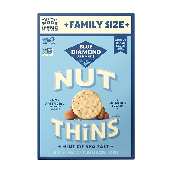 Blue Diamond Almonds Nut-Thins Gluten Free Cracker Crisps, Hint Of Sea Salt, Family Size, Sea Salt, 7.7 oz (Pack of 1)