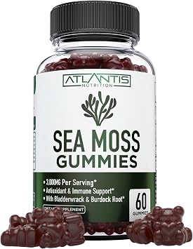 Irish Sea Moss Gummies - 3000MG - Formulated w/ Irish Sea Moss, Bladderwrack & Burdock Root, Contain Essential Vitamin & Mineral - Antioxidant-Rich Superfood Supplement, 60 Sea Moss Gummies for Adults