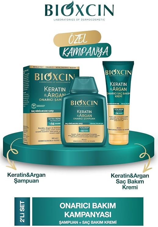 Bioxcin Keratin & Argan Onarıcı Şampuan 300 ml + Saç Bakım Kremi Seti, Parabensiz