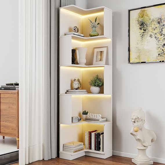 JOYSOURCE Corner Bookshelf S-Shaped with Anti-tip Device, LED Light, 5-Tier Bookshelf Corner Shelf L-Shaped Bookcase Display Shelf for Home Office, Living Room, Bedroom, White