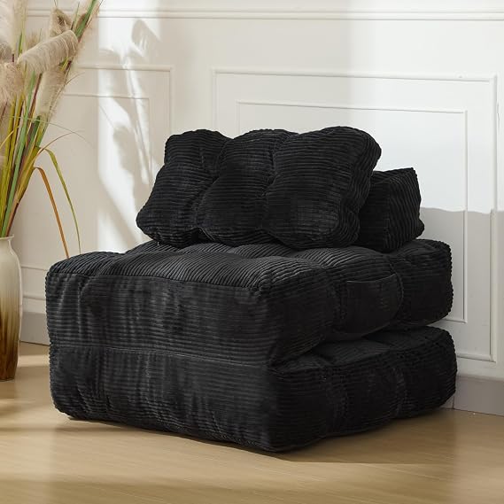Folding Sofa Bed,Folding Convertible Sofa Bed with Pillow Foldable Mattress&Side Pocket,Comfy Portable Sleeper Chair Floor Sofa Lounge for Living Room Bedroom, No Assemble Required,Black
