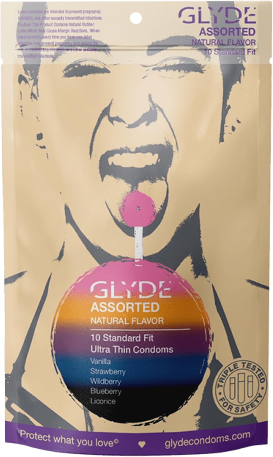 GLYDE Assorted Flavored Ultra Thin Condoms - 10 Count - Organic Flavor Extract, Ultra-Thin, Vegan, Non-Toxic, Medium Size Natural Rubber Latex, 53mm Yummy Standard Fit