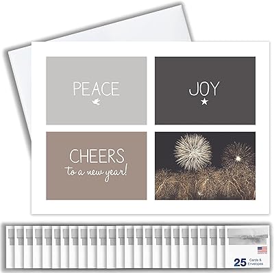 New Years Cards for Business & Family Peace Joy & Cheers Bulk Greeting Card Set Pack of 25 Happy New Year Cards with Envelopes for 2026 5x7 inch A7 Great for Office, Work Employees & Clients N1502