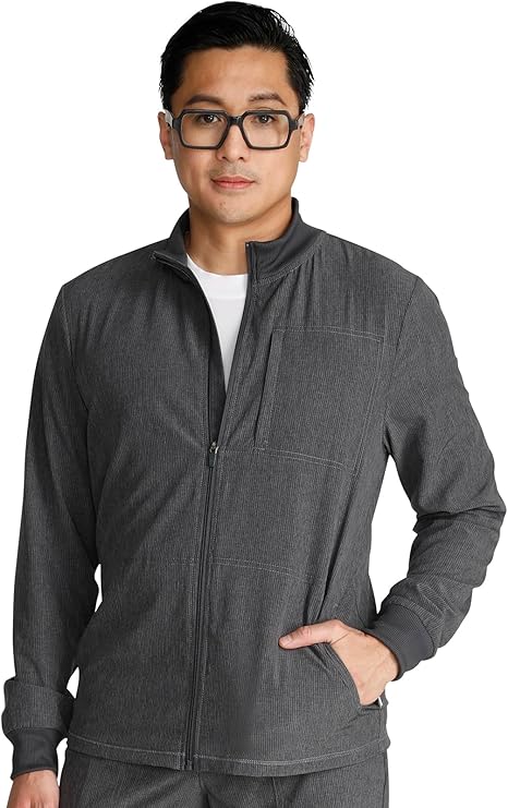 Cherokee Men Scrubs Jacket Zip Front CK394A | Moisture Wicking Comfort, Stand Up Collar, Zip Chest Pocket, Rib Knit Cuffs, Machine Wash, Easy Care, Medical & Nursing Work