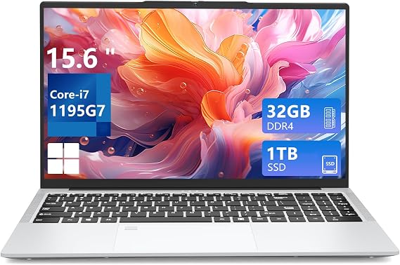 Laptop i7, Gaming Laptops, 15.6 Inch Lap top, Traditional Computers 32GB RAM 1TB SSD, Notebook Computer Fingerprint Unlock, Backlit Keyboard, WIFI 5 BT 5.0 RJ45 HDMI 180 Angle Opening Netbook