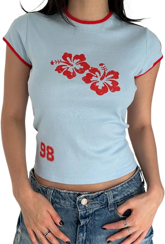 Y2k Graphic Print Baby Tees Women Short Sleeve Vintage Crop Tops Cute Teen Girls Slim Fit 90s Aesthetic T Shirts
