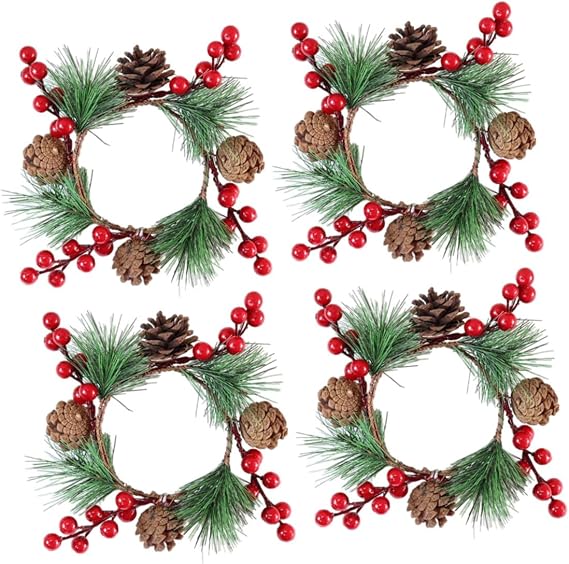 4pcs Christmas Candle Rings Wreaths with Pine Cones, PVC Foam