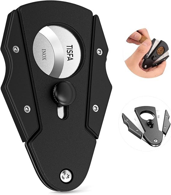 TISFA Cigar Cutter Stainless Steel Double Cut Blade with Safety Lock(Black)