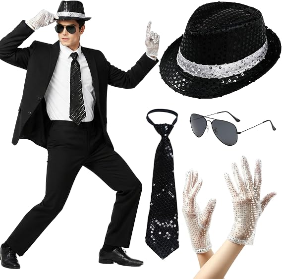 Pop Star Costume, 80s Rocker Star Dancer Pop King Costume Fancy Dress | 80S Outfit Jazz Sequin Hat Glove Tie Sunglasses, King of Pop for Adults 80s90s Theme Party Carnival Halloween Cosplay