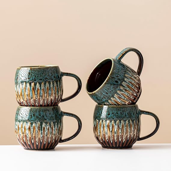 Large Ceramic Coffee Mug - 13oz Tea Cup, Blue, Set of 4