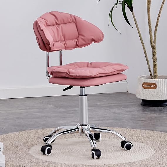 Home Office Desk Chair, Adjustable Height Computer Chair Armless Swivel Chair with Wheels, Modern Faux Leather Upholstered Vanity Chair, Pink