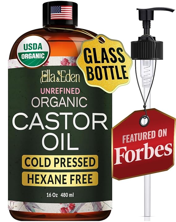 Ella & Eden USDA Organic Castor Oil 100% Pure Cold Pressed Hexane-Free - Glass Bottle - For Hair Growth, Face, Eyelash, Skin, Stomach - Unrefined 16 Fl Oz