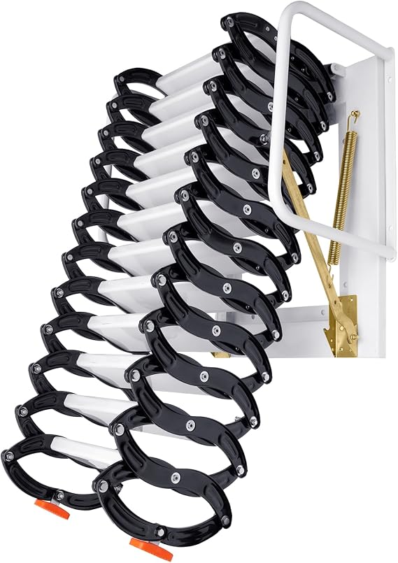12 Steps Wall-Mounted Attic Ladder, 10.85FT Folding Attic Stairs Pull Down with Handrails Telescopic Attic Ladders Attic Ladder Pull Down System for Attics Basements 880 Lbs Load Capacity