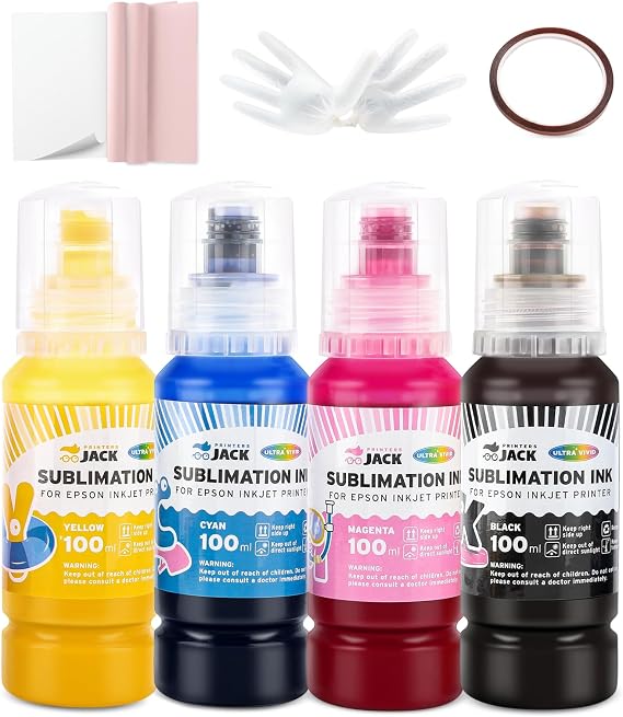 Printers Jack Sublimation Ink & 150 Sheet Sublimation Paper 8.5x11 120G, Heat Tape Compatible for Inkjet Printer ET-2800 ET-15000 ET-2803 ET-2760 ET-2400 ET-4700 ET-4800 ET-2720