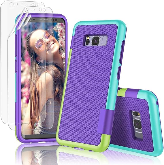 Jeylly Case for Galaxy S8, S8 Case with 2 Pack HD Soft Screen Protector, Contrasting Colors Ultra Slim One-Piece Anti-Slip Rugged Soft TPU Bumper Shockproof Case Cover for Galaxy S8 - Purple