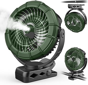 Ausic Portable Misting Golf Cart Fan, 100ml Clip on Fan, Camping Stroller Fan with Light & Hook, Max 45H Runtime, Outdoor Rechargeable Battery Fan, Cooling Spray Fan for Car, Bleachers, RV, Treadmill
