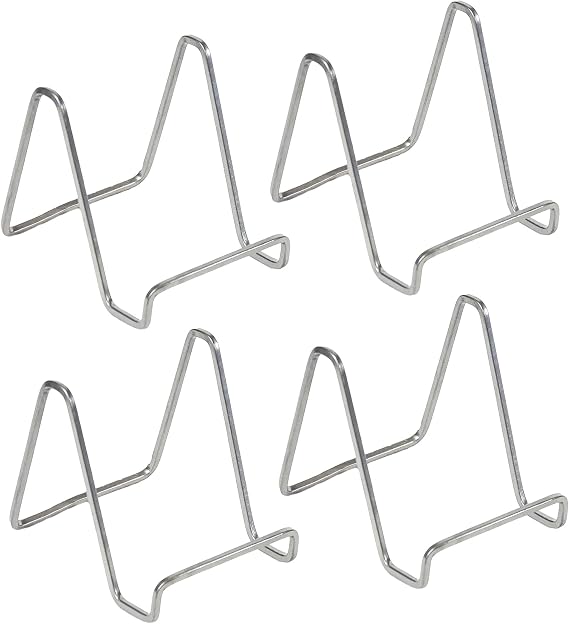 TRIPAR 4-Pack 6-Inch Metal Silver Painted Square Book Holder/Stand, Wire Mini Easel, Small Photo Stands for Table, Display for Picture Frames, Plaques & Plates