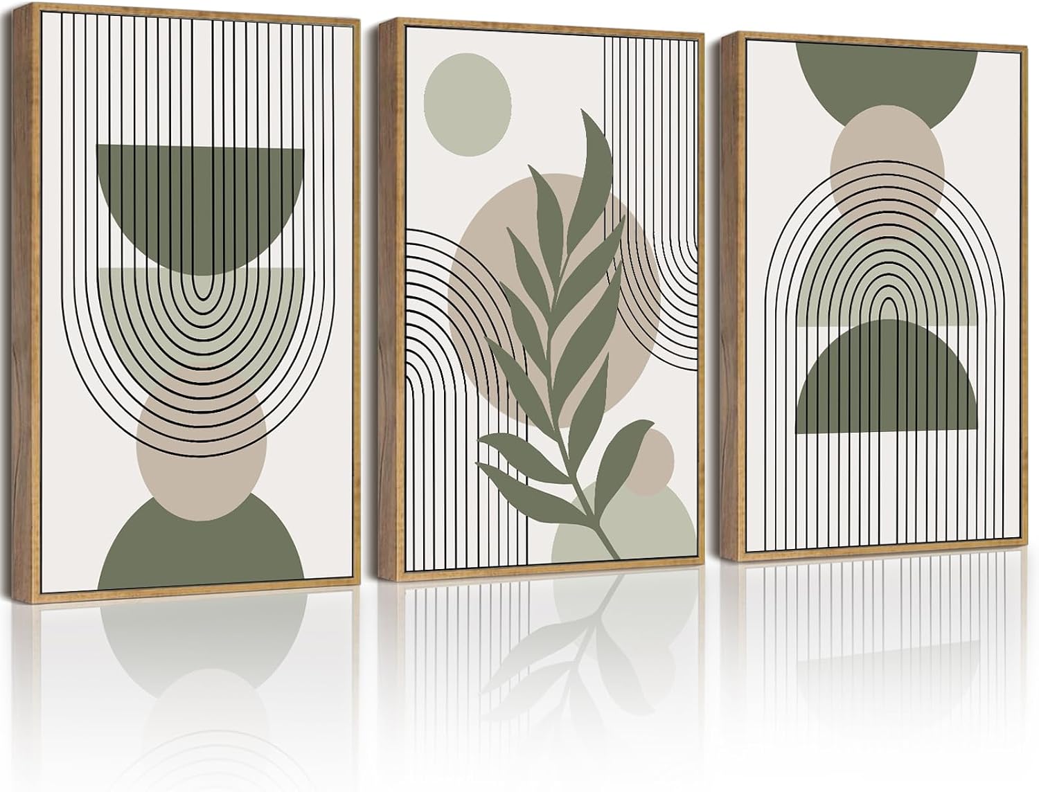 Drsoum 11x14in Boho Wall Art Green Sage Decor Framed Wood Modern Bohemian Abstract Geometry Canvas Prints Ready to Hang