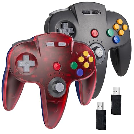 KIWITATA 2 Pack Wireless N64 USB Controller for Switch Games, 2.4ghz Rechargeable Remote Wireless Joystick Controller for Switch/Switch Lite/Switch OLED, MAC, PC Windows 7,8,10,11 Clear Red & Black