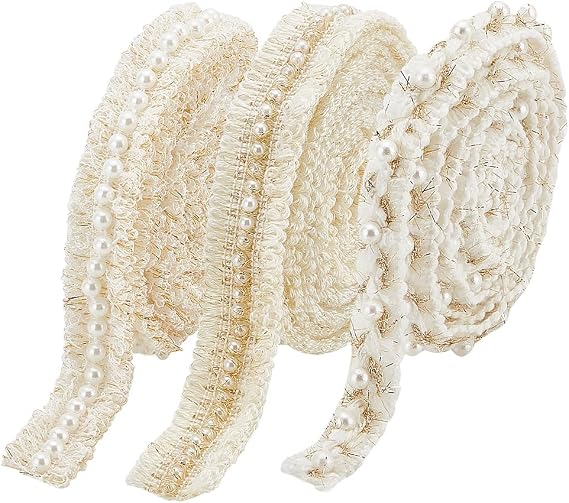 PH PandaHall 6 Yards 3 Styles Braided Lace Ribbons with Pearl, 5/8~3/4 Inch Wide Pearl Beaded Trim Cord Polyester Fabric Lace Upholstery Trim for Costume DIY Crafts Sewing Wedding Dress
