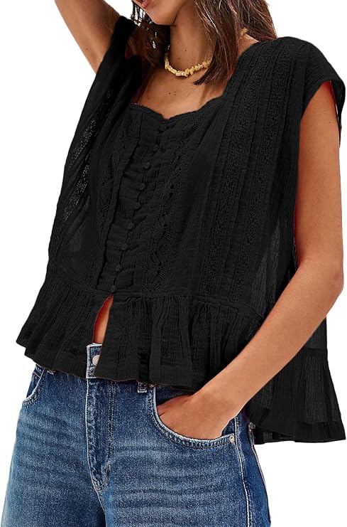 Women Ruffle Bow Tie Babydoll Tops Boho Lace Sheer Flowy Peasant Blouses Y2k Short Sleeve Eyelet Peplum Crop Shirts