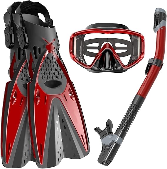 Full Face Snorkel Diving Masks Dry Snorkel Set Adjustable Panoramic Wide View Diving Goggle Deep Diving Snorkeling Professional Snorkelling Gear with Flippers for Adults and Kids
