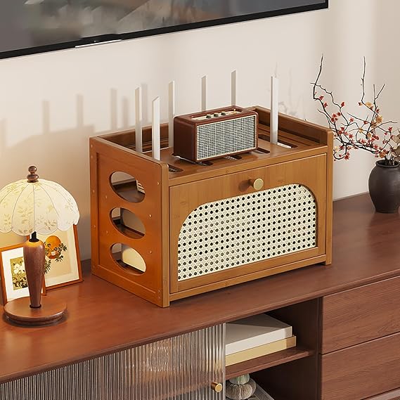 Desktop WiFi Router Storage Box Wooden Organizer Router Hider Box with Doors and Shelves for Office and Home Bedroom Living Room.(Walnut,40.5x20x28cm)