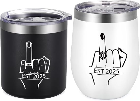 Qtencas Wedding Gifts for Couple, Ring Finger EST 2025 Stainless Steel Whiskey & Wine Tumbler Gift Set, Unique Engagement Gifts for Couples Mr Mrs His and Her Just Married Gift, 12oz Black & White