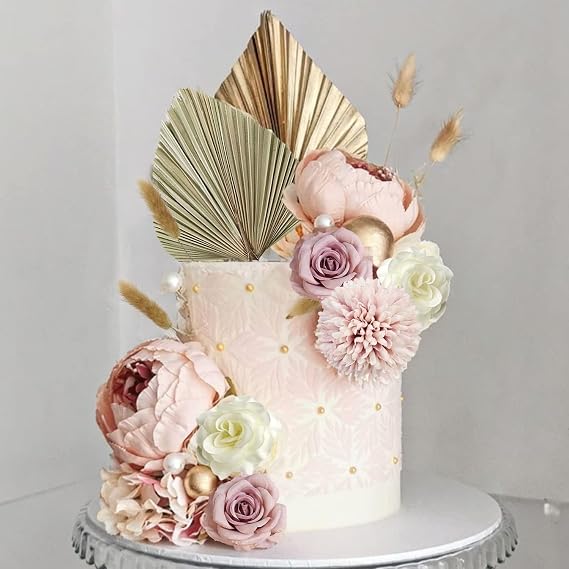 Boho Flower Cake Topper, Artificial Flowers Palm Leaves Cake Decorations (Boho)