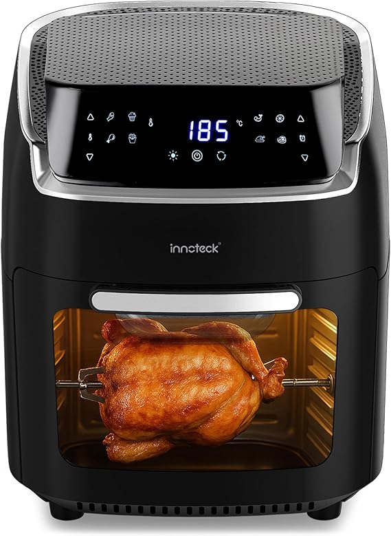 Innoteck 12L Digital Air Fryer Oven with Rotisserie 1800W Large Air Fryer with Touch Panel &amp; 8 Cooking Presets, Shelves, Basket, Racks &amp; Drip Tray Black &amp; Silver Finish