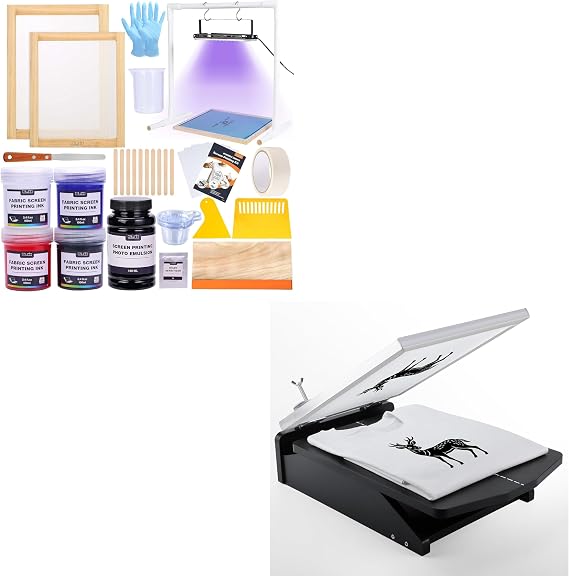 Caydo 46 Pieces Screen Printing Kit with 4 Color Screen Printing Ink, 2 Size Screen Printing Frame and Squeegees for Screen Printing with 15.7x12.2inch Screen Printing Press, Unique Hinge Design