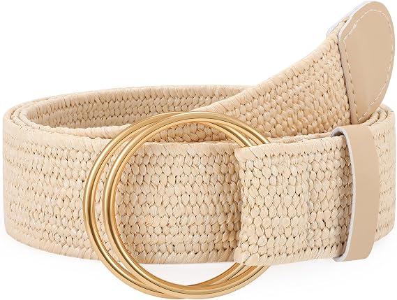 LEACOOLKEY Women Boho Straw Woven Stretch Belt for Dress Ladies Braided Straw Belt with Double O Buckle