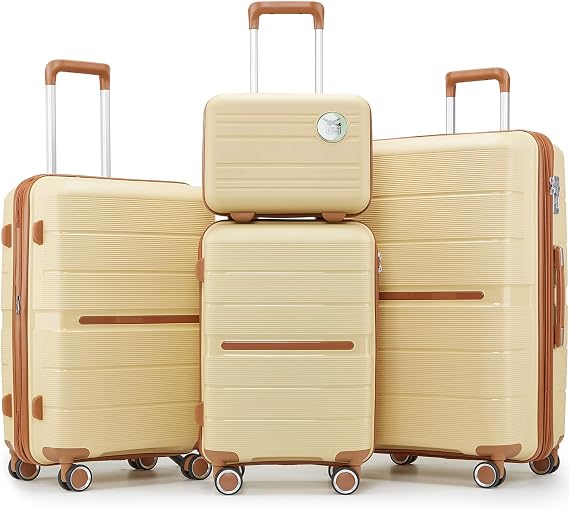 Luggage Sets Expandable PP Lightweight Hardshell Suitcase 360Double Spinner Wheels TSA Lock, 3 Piece Set(14/20/24/28), Apricot Cream