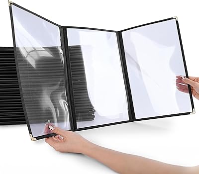 30 Pack of WeChef Menu Cover Triple Fold 6 View Double Stitch Trim Fits 8.5X14 Paper Transparent Cafe Restaurant Black
