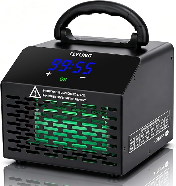 FLYLING Ozone Generator 60000mg/h, up to 5000 sq ft, Digital Display, Programmable Delay Timer with Memory Function, for Home, Car, Pet, Kitchen, Basement Odor Clean, Black