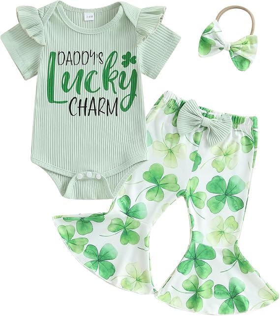 Karuedoo Newborn Baby Girl St Patricks Day Outfit Short Sleeve Daddy's Lucky Charm Romper Clover Flared Pants Headband Set