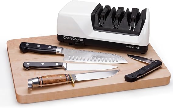 Chefs Choice Professional Electric Knife Sharpeners for 15- and 20-Degree Straight-Edge and Serrated Knives with Diamond Abrasives & Precision Angle Control, 3-Stage, White