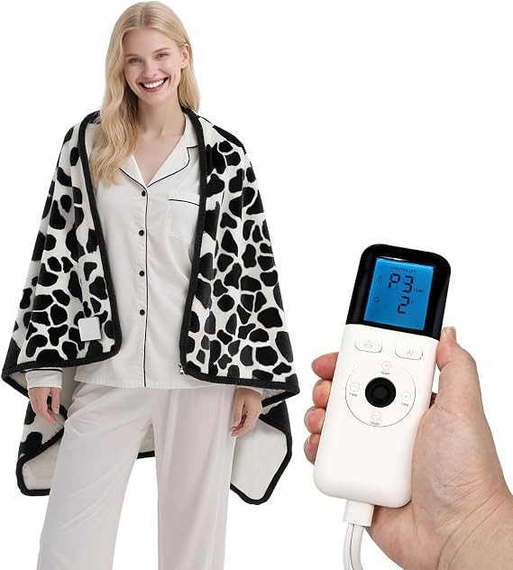 Heated Wearable Shawl 33x59 Inch, 6 Heating Levels & 5 Timer Settings, Soft Sherpa to Fleece, UL Certified with Auto Shut Off, Machine Washable Gift for Christmas Home Office (CowPrint)