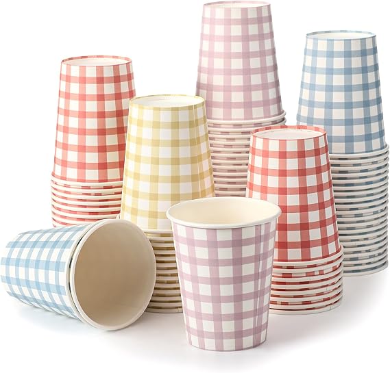 Tioncy 100 Pcs 9 oz Gingham Disposable Paper Cups, 4 Color Pastel Cups
