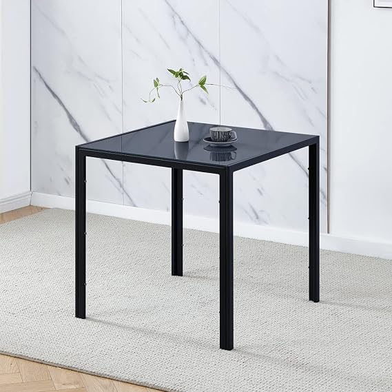 Rainbow Tree Modern 75cm Glass Dining Table Square for Dining Room Kitchen, Tempered Glass Tabletop + Metal Legs for Home/Office/Restaurant (Black, Square:75x75x75cm)