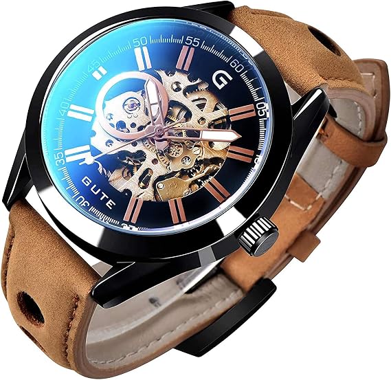 GLEIM Mechanical Skeleton Watch Self-Winding Leather Brown Casual