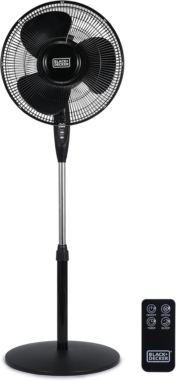 BLACK+DECKER 16" Standing Oscillating Pedestal Fan with Remote, 90-Degree Oscillation, 3 Speed Settings, Adjustable Height, Timer, 30-Degree Tilt, BFSR16B, Black